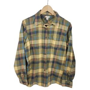 L.L.Bean Women's Medium Fall Plaid M Flannel Shirt Olive Green Long Sleeve